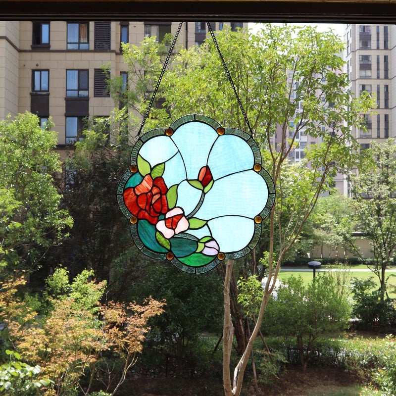 Bieye W10058 Rose Flower Tiffany Style Stained Glass Window Panel with Chain, 16-inch Wide - Image 2